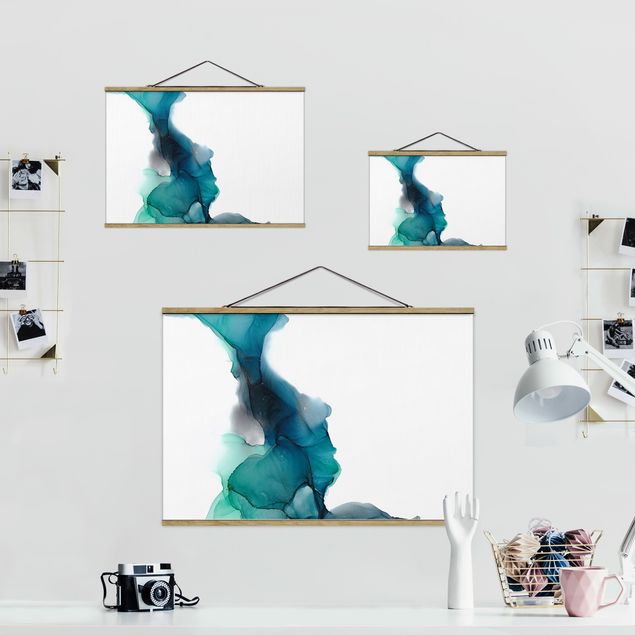 Fabric print with poster hangers - Drops Of Ocean Tourquoise With Gold - Landscape format 3:2
