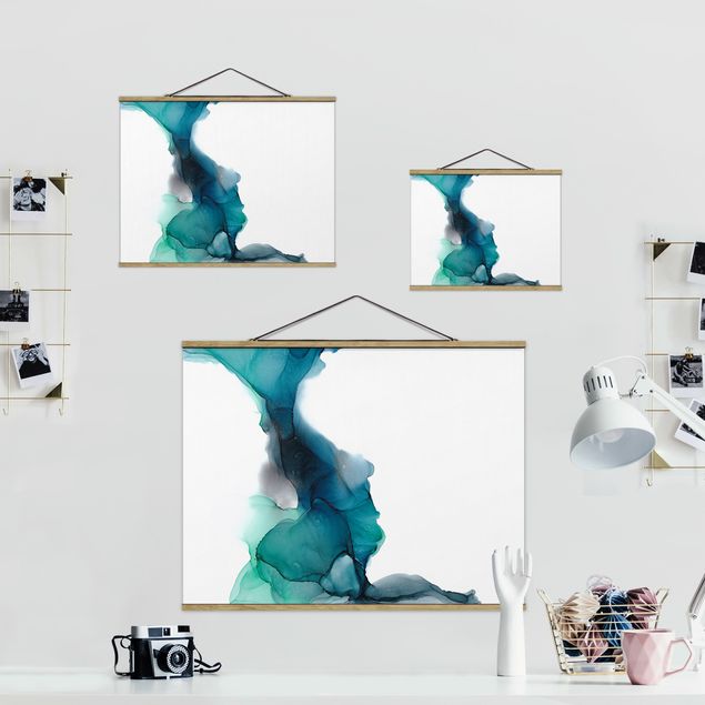 Fabric print with poster hangers - Drops Of Ocean Tourquoise With Gold - Landscape format 4:3