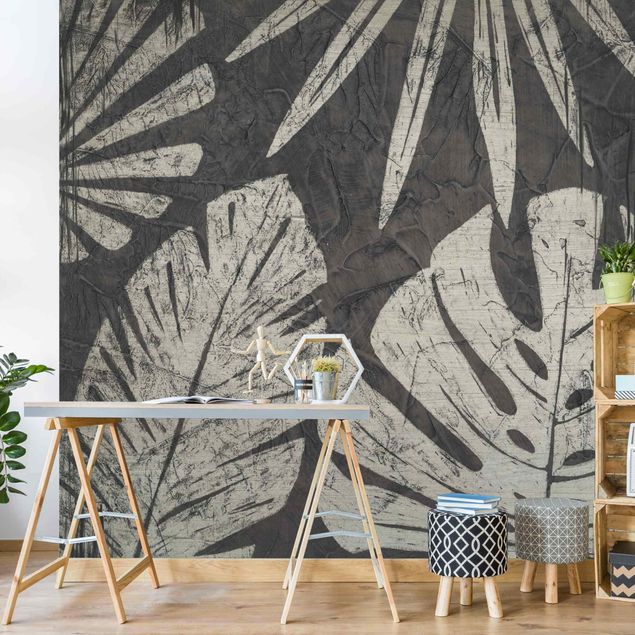 Wallpaper - Palm Leaves Dark Grey Backdrop