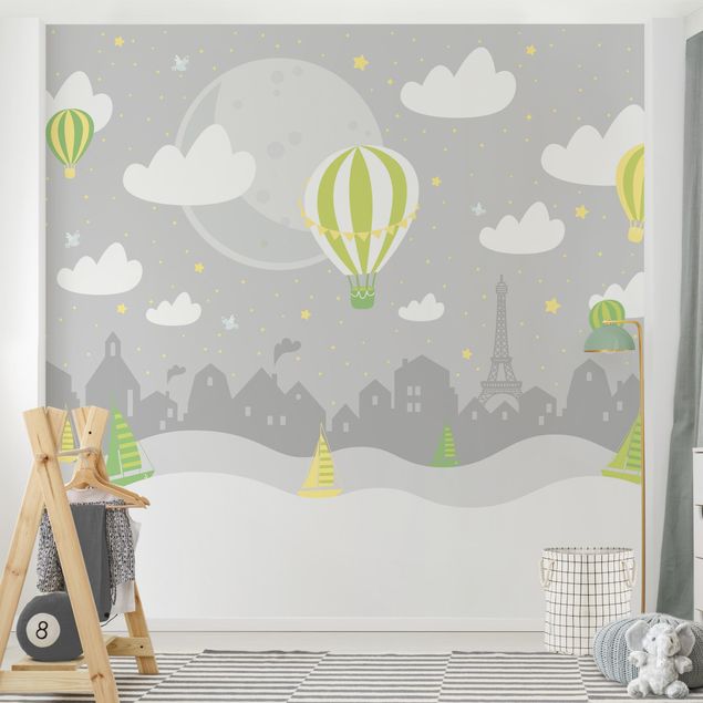 Wallpapers Paris With Stars And Hot Air Balloon In Grey