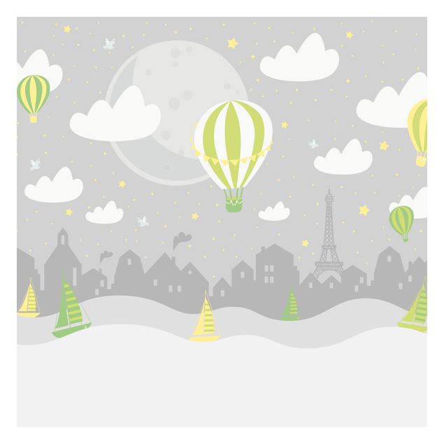 Wallpaper - Paris With Stars And Hot Air Balloon In Grey