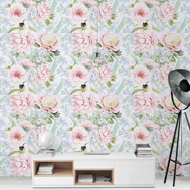 Wallpaper - Pastel Flowers Pink Blue
