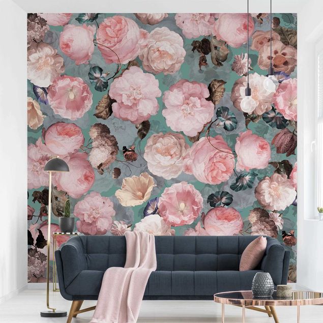 Wallpaper - Pastel Dream Of Roses On Blue