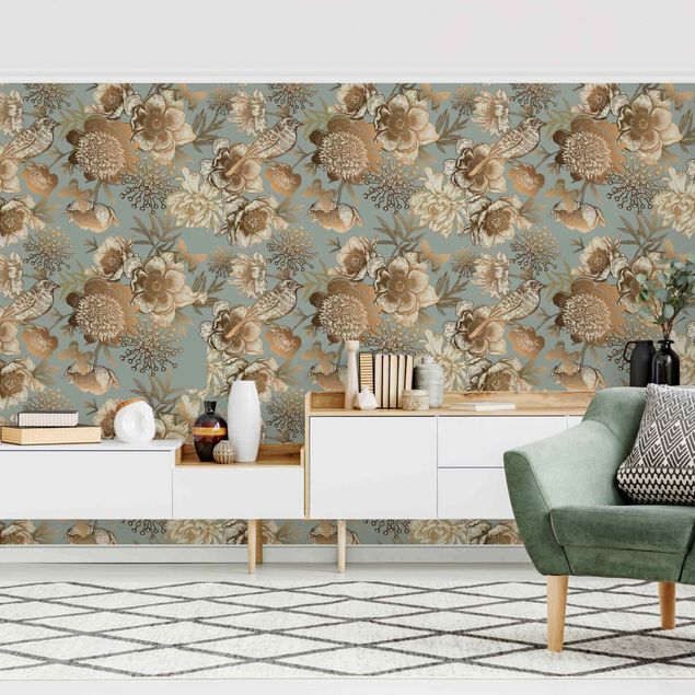 Wallpapers Peony Pattern Turquoise Gold