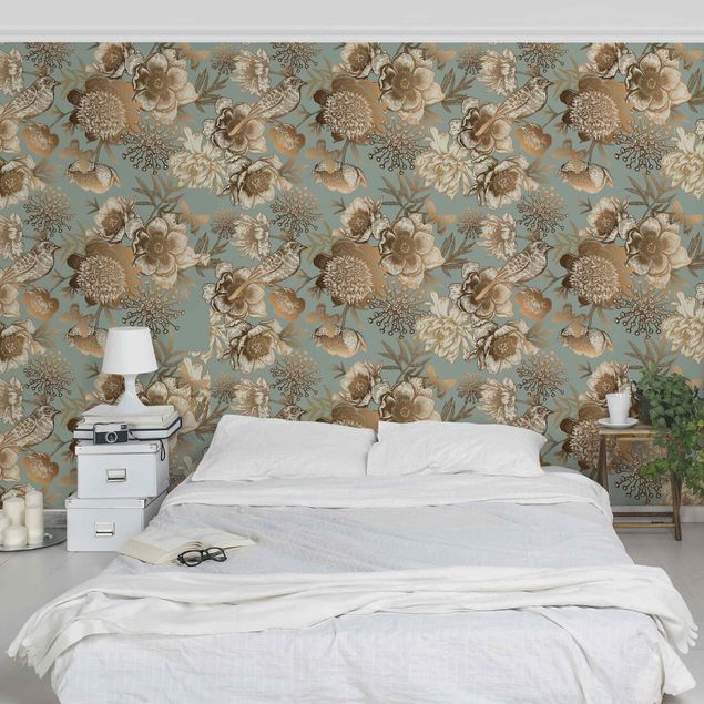 Wallpaper - Peony Pattern Turquoise Gold