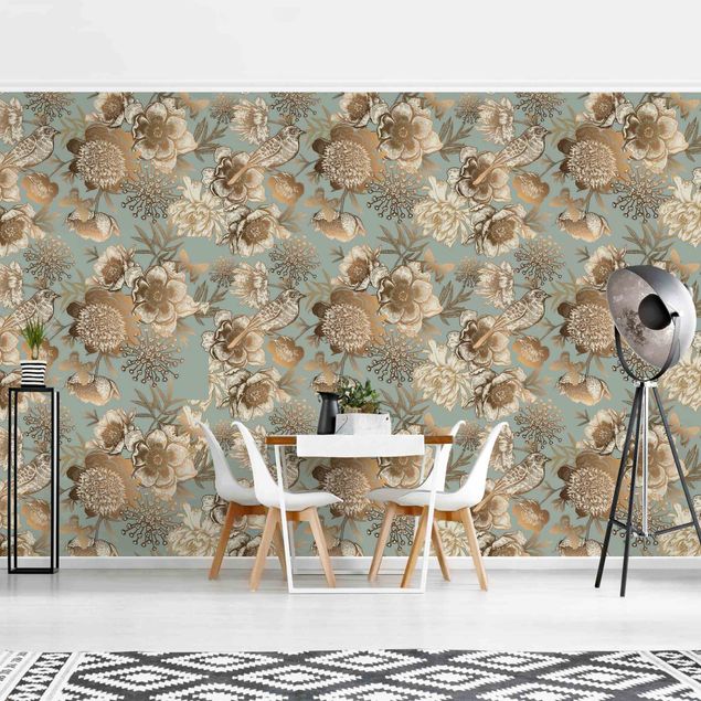 Wallpaper - Peony Pattern Turquoise Gold