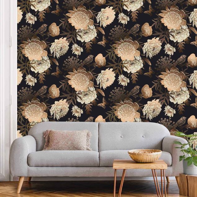 Wallpapers Peony Pattern Black Gold