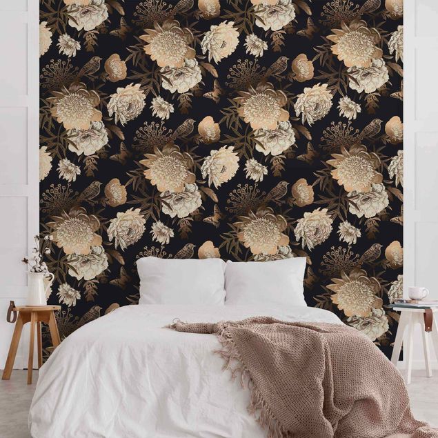 Wallpaper - Peony Pattern Black Gold