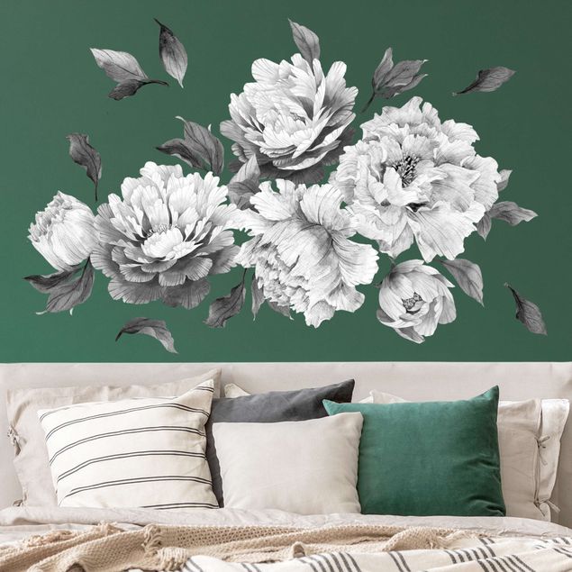 Floral wall stickers Peonies set - black and white dark