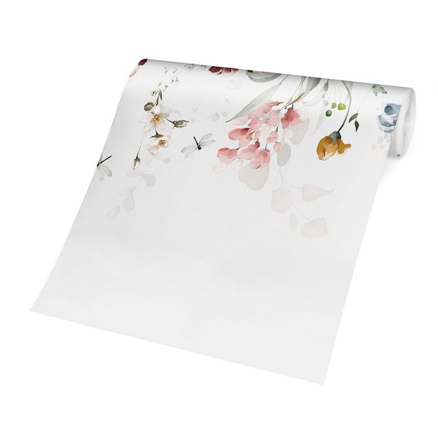 Wallpaper - Tendril Flowers with Butterflies Watercolour