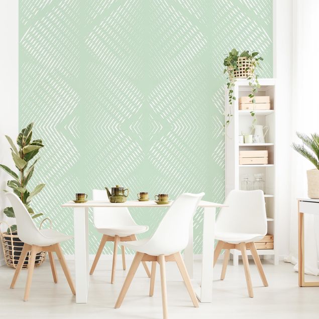 Walpaper - Rhombic Pattern With Stripes In Mint Colour
