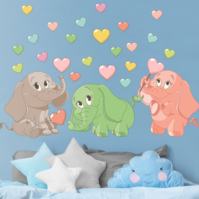 Animal print wall stickers Rainbow elephant babies with colorful hearts