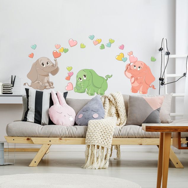 Heart wall decal Rainbow elephant babies with colorful hearts