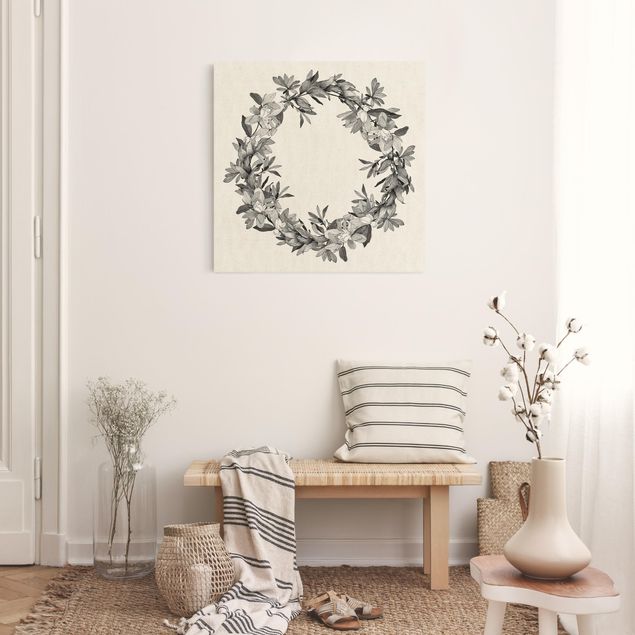 Natural canvas print - Romantic Floral Wreath Grey - Square 1:1