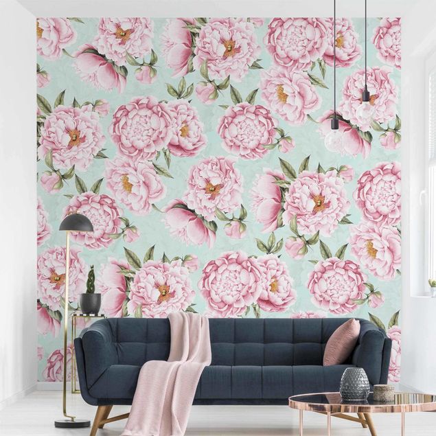 Wallpapers Pink Flowers On Mint Green In Watercolour