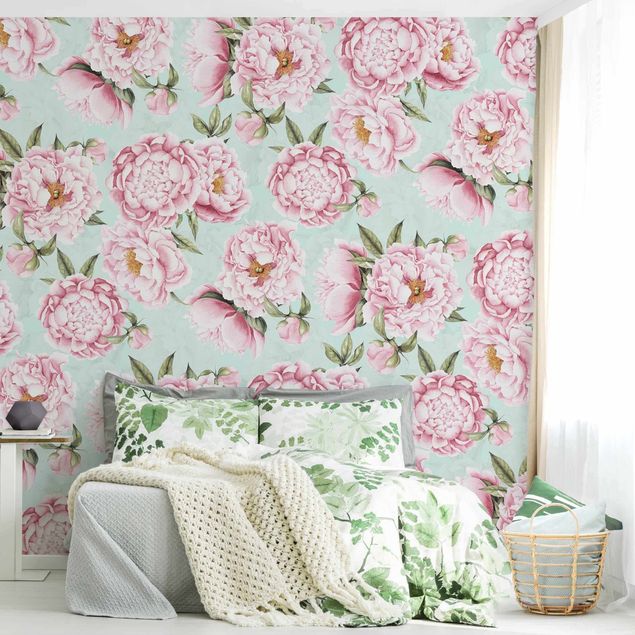 Wallpaper - Pink Flowers On Mint Green In Watercolour