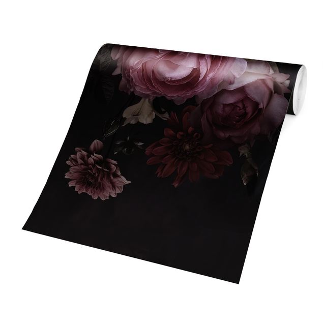 Walpaper - Pink Flowers On Black Vintage