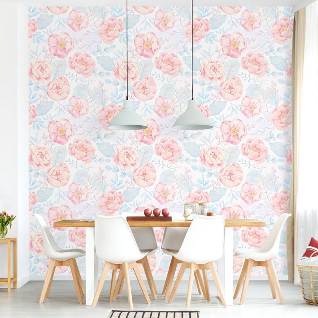 Wallpaper - Pink Flowers With Light Blue Leaves