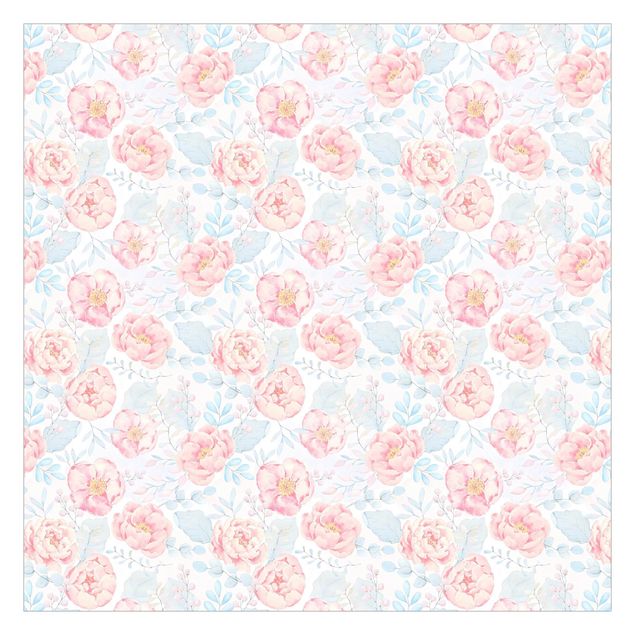 Wallpaper - Pink Flowers With Light Blue Leaves
