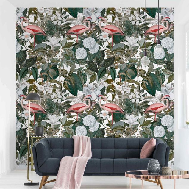 Wallpapers Pink Flamingos With Leaves And White Flowers