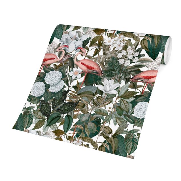 Walpaper - Pink Flamingos With Leaves And White Flowers