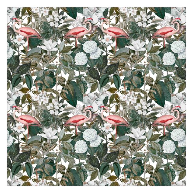 Walpaper - Pink Flamingos With Leaves And White Flowers