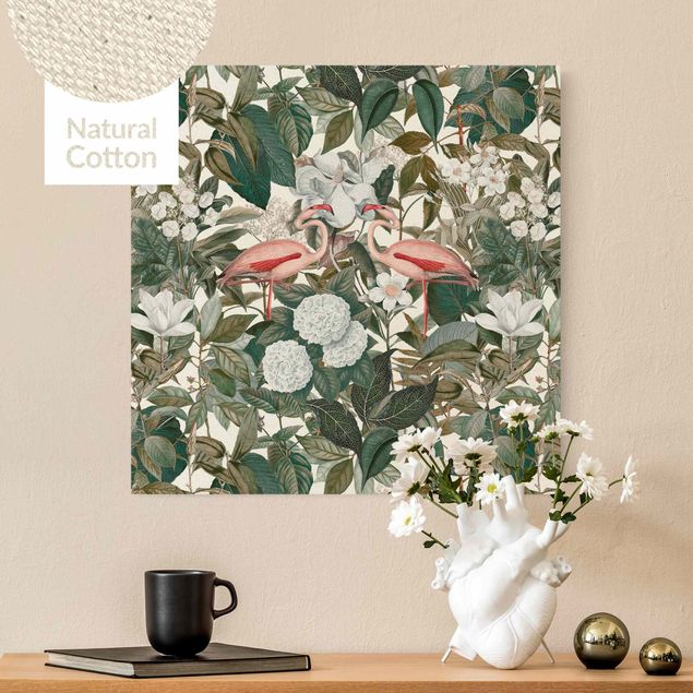 Natural canvas print - Pink Flamingos With Leaves And White Flowers - Square 1:1