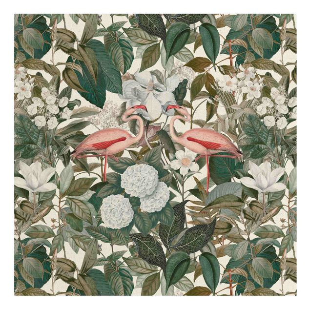 Natural canvas print - Pink Flamingos With Leaves And White Flowers - Square 1:1