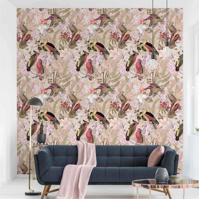 Wallpaper - Pink Pastel Birds With Flowers