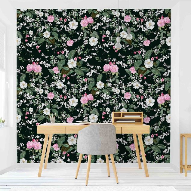 Wallpaper - Roses And Butterflies On Dark Green