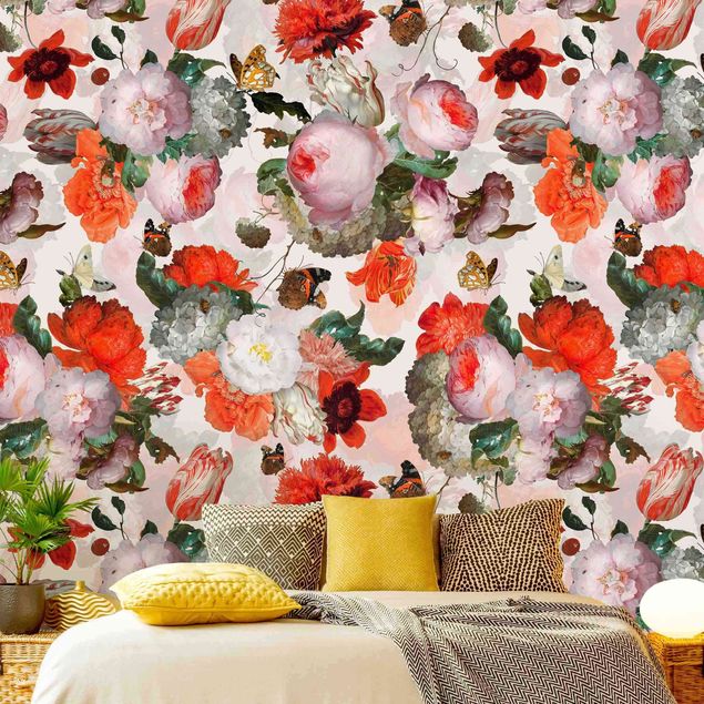 Wallpaper - Red Flowers With Butterflies