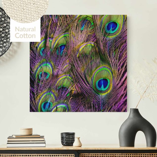 Natural canvas print - Iridescent Paecock Feathers - Square 1:1
