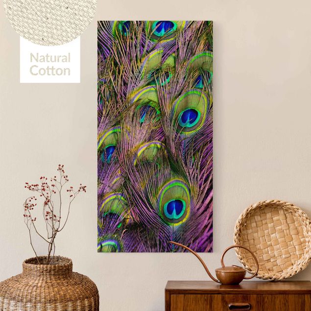 Natural canvas print - Iridescent Paecock Feathers - Portrait format 1:2