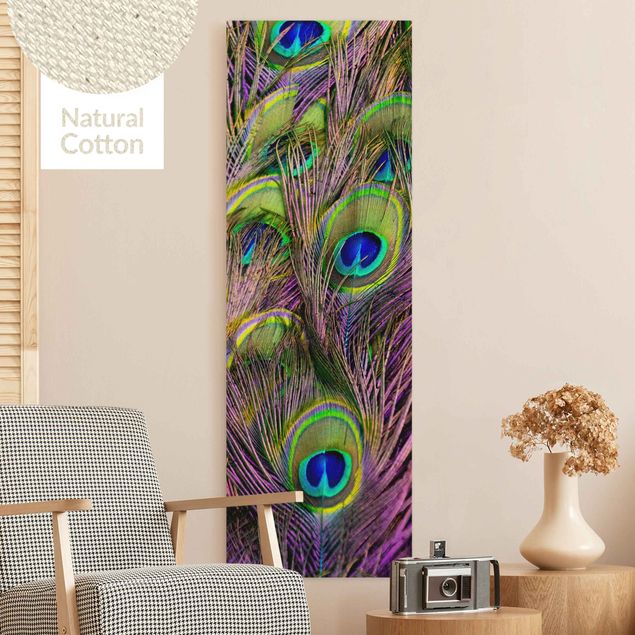 Natural canvas print - Iridescent Paecock Feathers - Portrait format 1:3