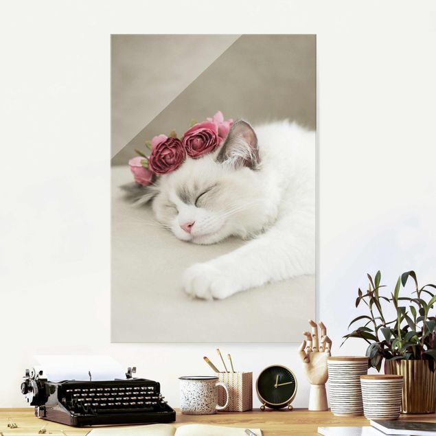 Glas Magnettafel Sleeping Cat with Roses