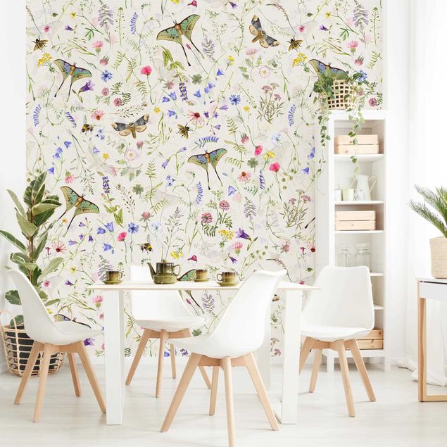 Wallpaper - Butterflies With Flowers On Cream Colour
