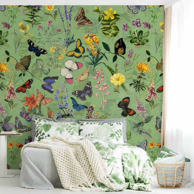 Wallpaper - Butterflies With Flowers On Green