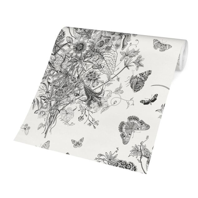 Wallpaper - Butterflies Around Floral Island In Black