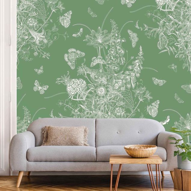 Wallpaper - Butterflies Around Floral Island On Green Backdrop