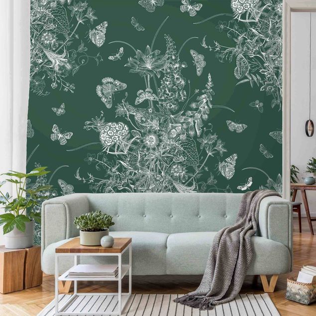 Wallpaper - Butterflies Around Floral Island On Greyish Green Backdrop