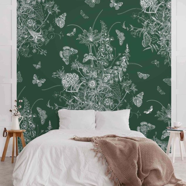 Wallpaper - Butterflies Around Floral Island On Greyish Green Backdrop