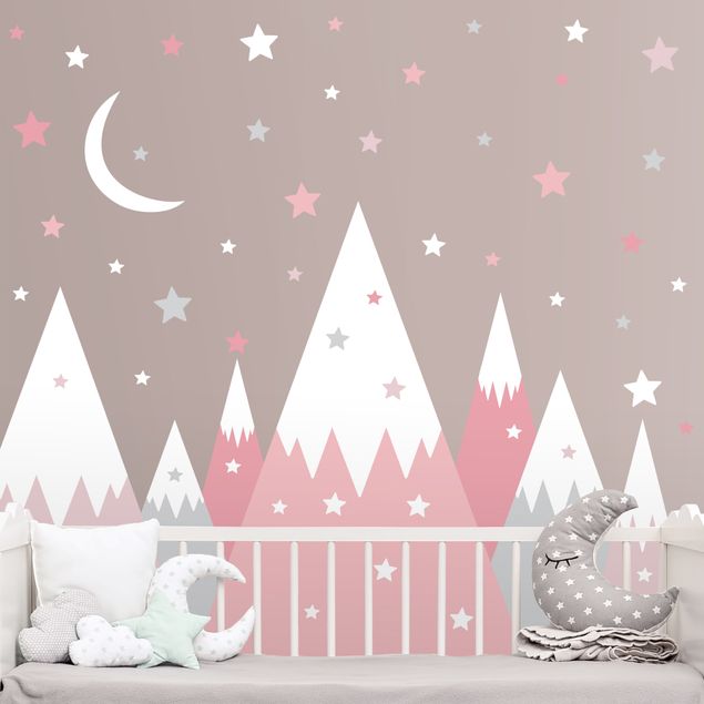 Autocolantes de parede espaço Snow-capped mountains star and moon pink