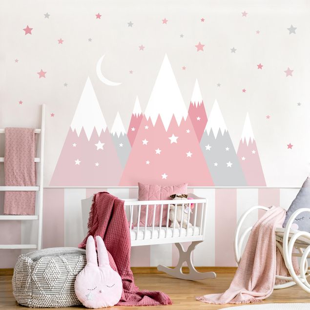 Wall sticker - Snow-capped mountains star and moon pink