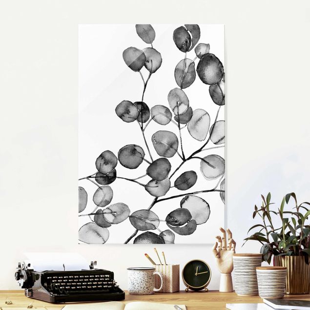 Glas Magnetboard Black And White Eucalyptus Twig Watercolour