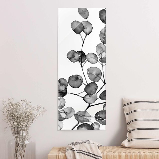 Glas Magnetboard Black And White Eucalyptus Twig Watercolour