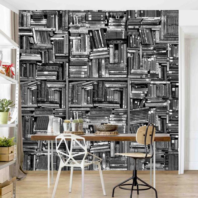 Wallpaper - Shabby Wall Of Books In Black And White