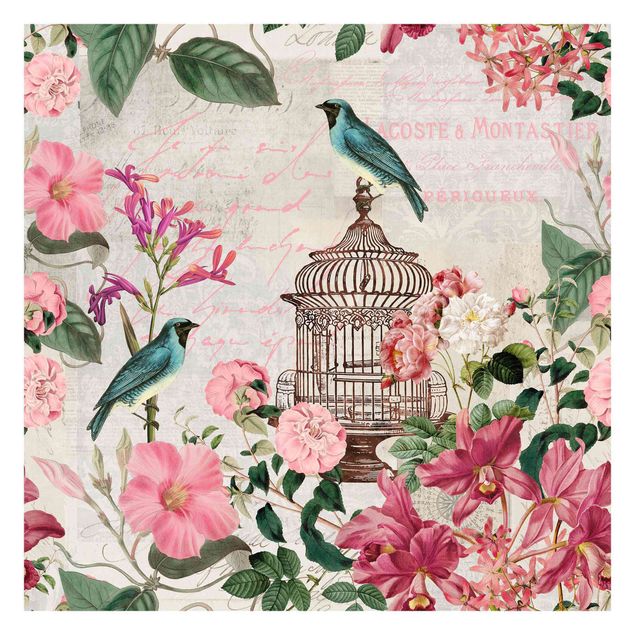 Wallpaper - Shabby Chic Collage - Pink Flowers And Blue Birds
