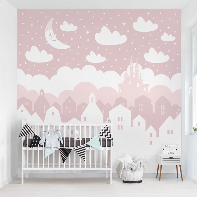 Wallpapers Starry Sky With Houses And Moon In Light Pink