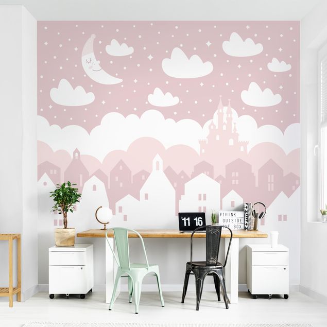Wallpaper - Starry Sky With Houses And Moon In Light Pink
