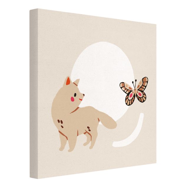 Natural canvas print - Cute Animal Illustration - Cat And Butterfly - Square 1:1